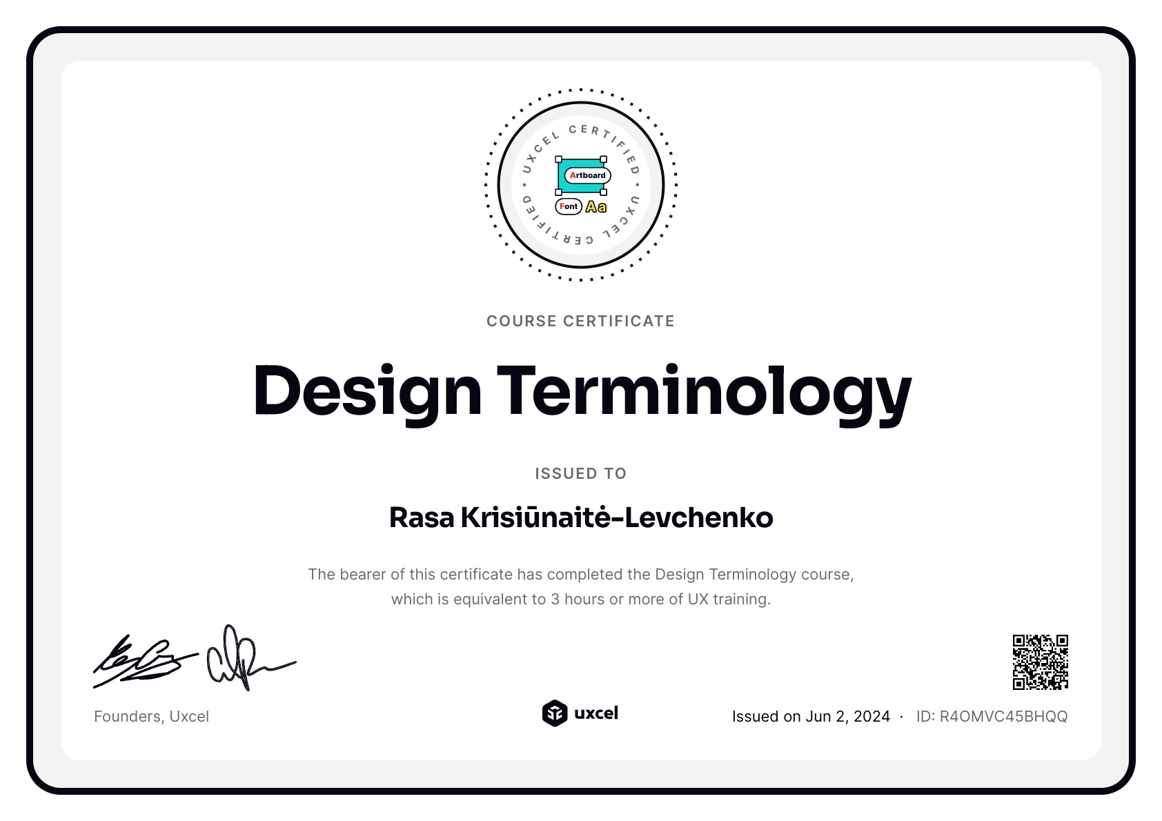 Rasa Krisiūnaitė-Levchenko's certificate
